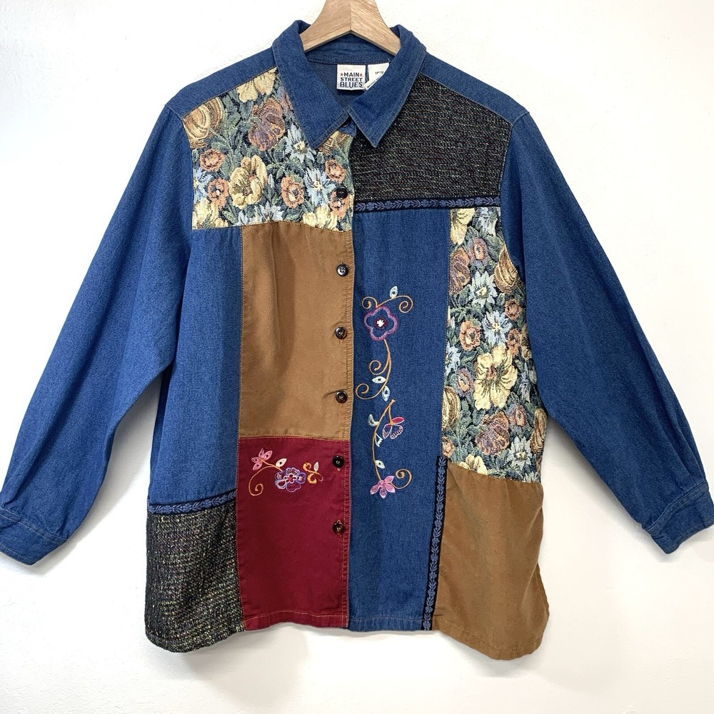 Main Street Blues Patchwork Denim Shirt Jacket Floral Embroidery Boho Artsy L